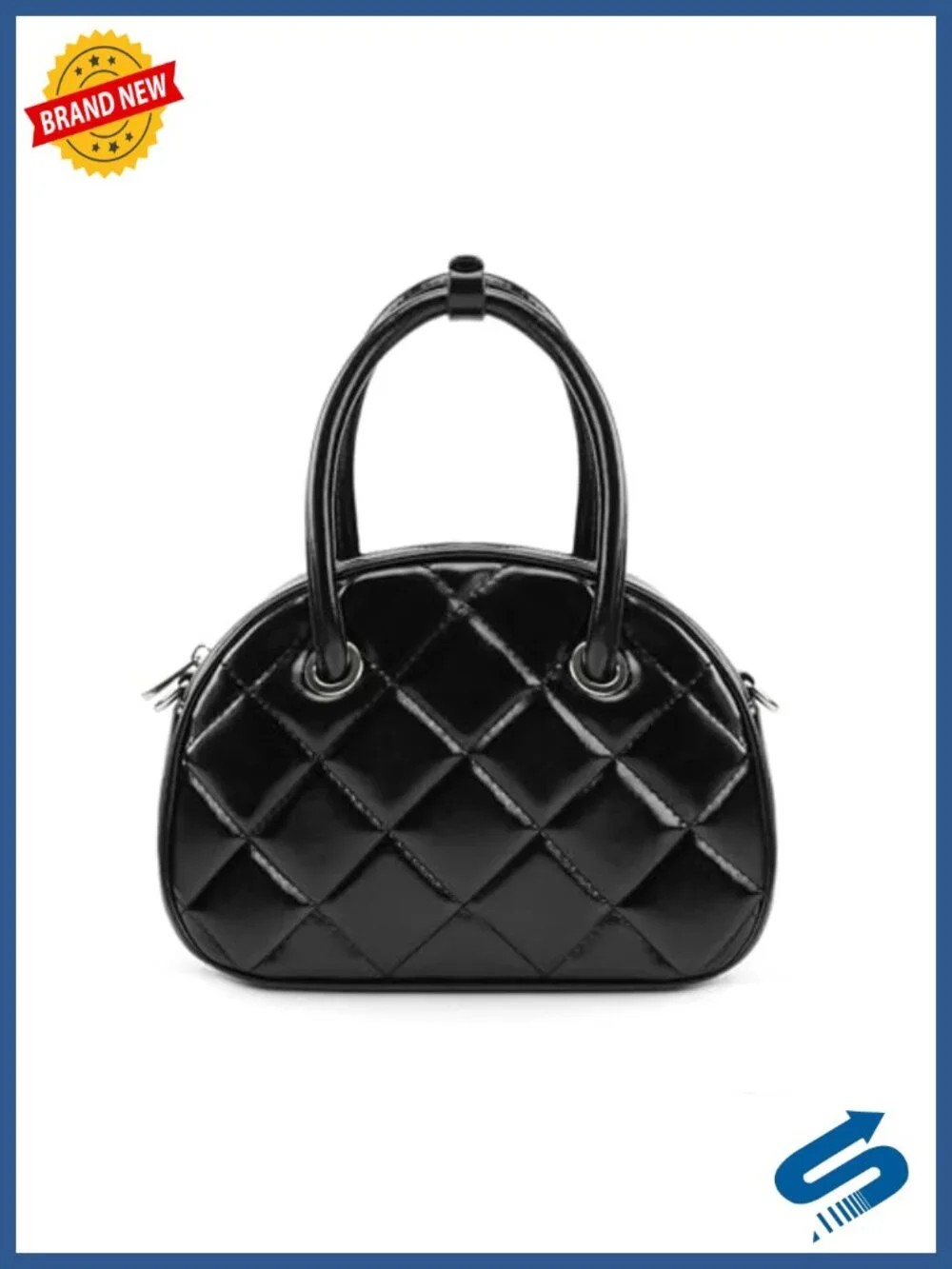 Quilted Mini Boston Bag, Glossy Vegan Leather Convertible Satchel with